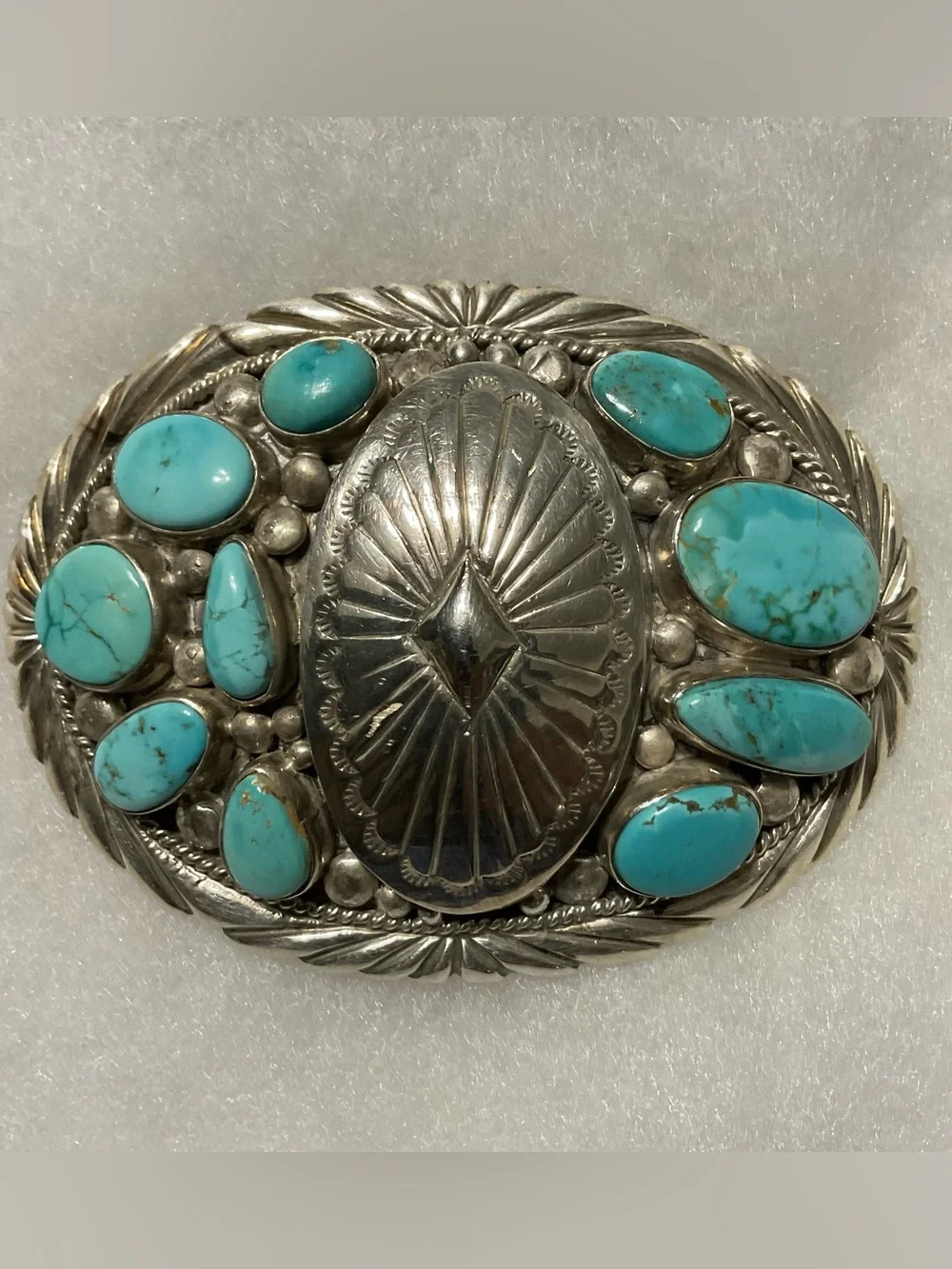 Stover Paul Sterling Navajo-Style Belt Buckle‎ Turquoise Cabochons